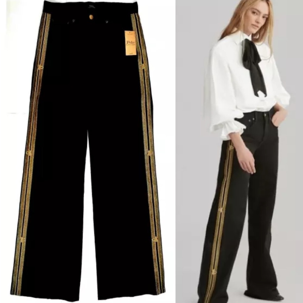 Polo by Ralph Lauren Black and Gold Wide Leg Trousers NWT 26R